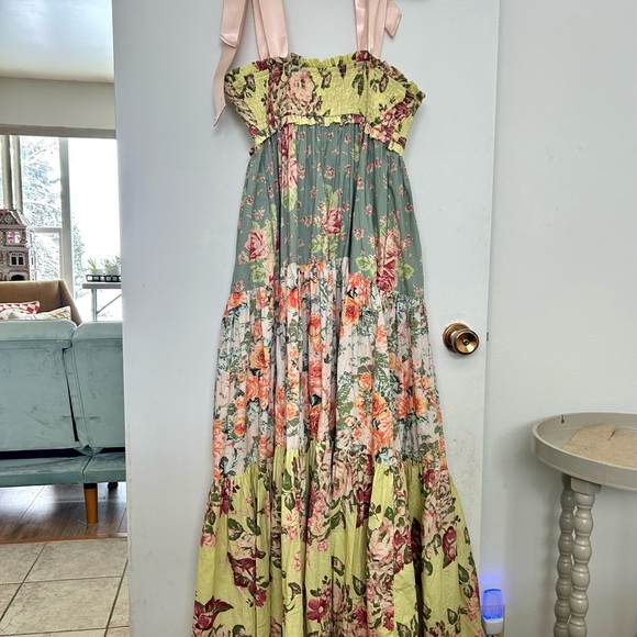 Free People Floral Maxi Dress with Peach Satin Ribbon Straps, Women’s Sm - Picture 3 of 3